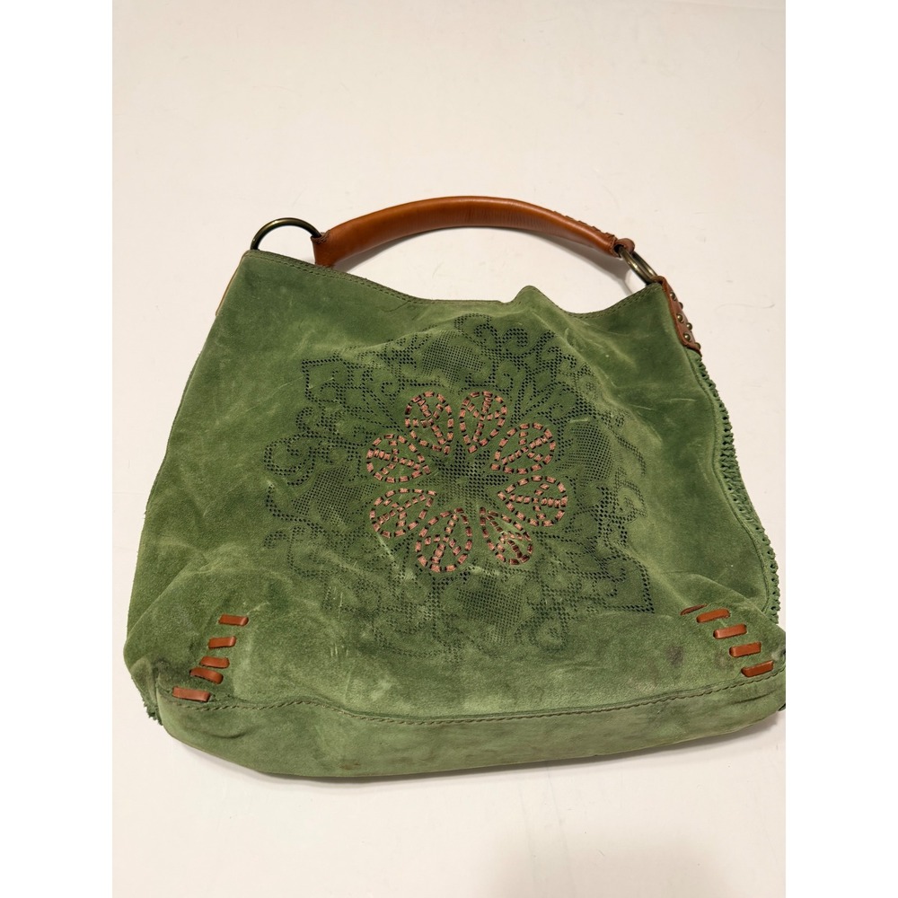 Lucky Brand Suede green Mandala Hobo Bag Leather Handle Boho Shoulder Bag